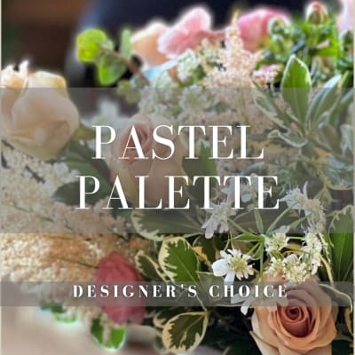 Pastel roses and mixed flowers with designer's choice text overlay