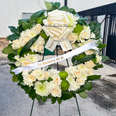 Elegant White & Green Sympathy Wreath With Bow And Custom Ribbon