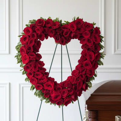 Heart-shaped red rose funeral spray on a stand