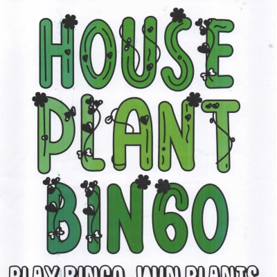 Green text graphic reading "HOUSE PLANT BINGO" on a white background
