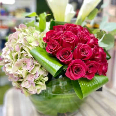 Low glass vase arrangement with hot pink roses, pale hydrangea, white calla lilies, and folded green leaves.