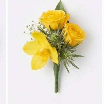 Yellow rose and orchid boutonniere with spiky greenery on a white background