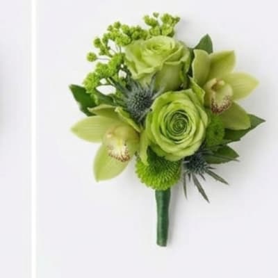 Green wedding bouquet with roses and orchids