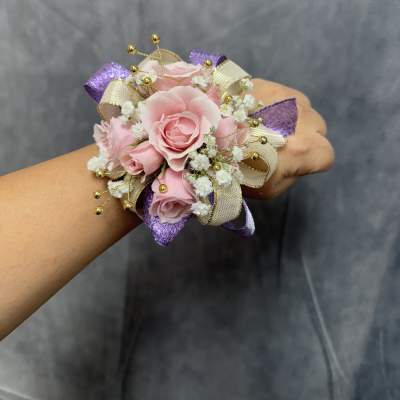 Purple Gold Pink Spray roses corsage