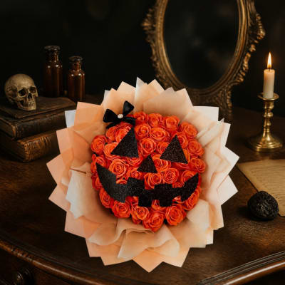 Orange rose bouquet with a jack-o'-lantern face and peach wrap