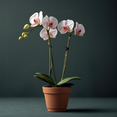Potted orchid with white and pink blooms in a terracotta pot