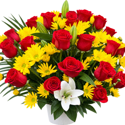 Red roses and yellow daisies in a white vase with a white lily