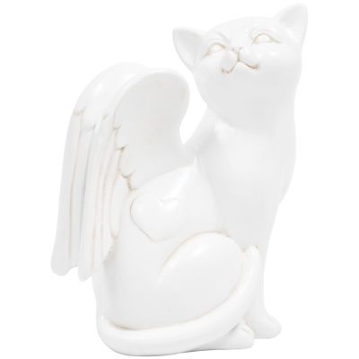 White ceramic cat figurine with angel wings and heart detail