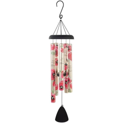 Metal wind chime with floral-printed tubes and black top and clapper on a white background