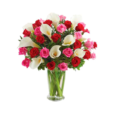 Bouquet of red and pink roses with white calla lilies in a clear glass vase