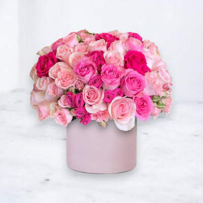 Pink and blush roses arranged in a round box