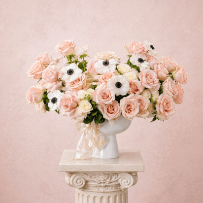 Blush roses and white anemones arranged in a white vase