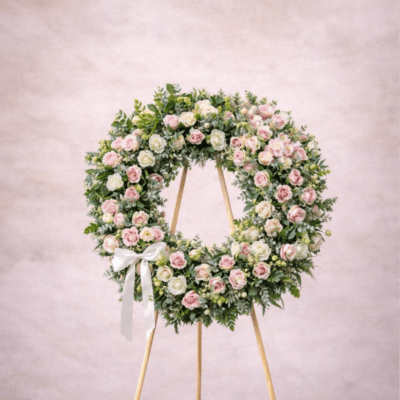 Standing round wreath of pink and white roses with a white bow on a wooden easel