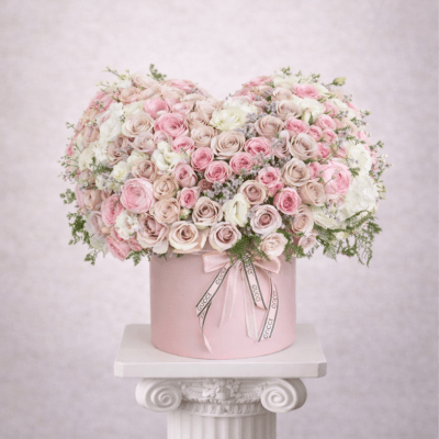 Pink and white rose arrangement in a round pink box