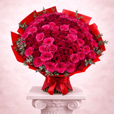 Large bouquet of pink and red roses wrapped in red paper