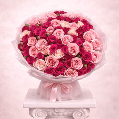 Bouquet of pink and magenta roses wrapped in pale pink paper