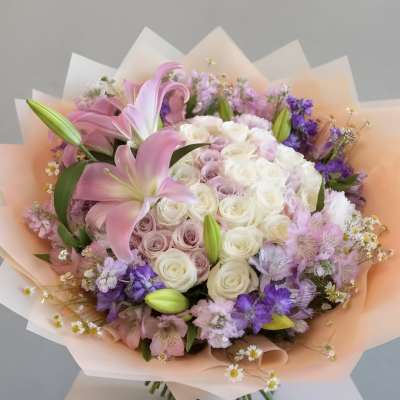 Pastel-Colored Roses and Flowers Bouquet