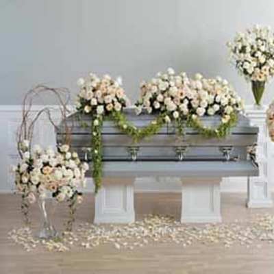Monochromatic Casket Spray, Easel Wreath, Dual Vase Arrangements