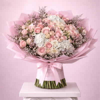 Pink and white rose bouquet wrapped in pink paper with a satin ribbon