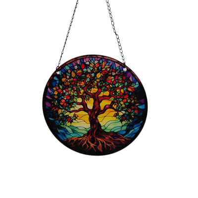Round hanging stained-glass panel with a colorful tree design