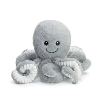 Gray plush octopus toy with curled tentacles and a smiling face