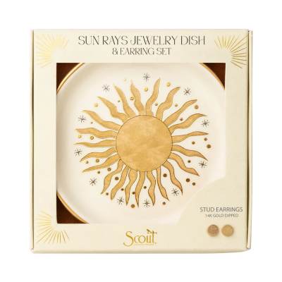 Sun-themed gold and white jewelry dish with matching stud earrings in a cream gift box