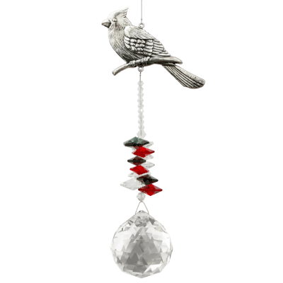 Silver cardinal suncatcher ornament with faceted beads and a clear crystal ball prism