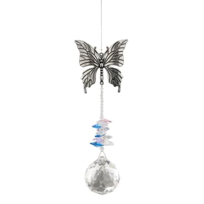 Hanging butterfly suncatcher with silver butterfly, crystal beads, and a faceted clear crystal ball.
