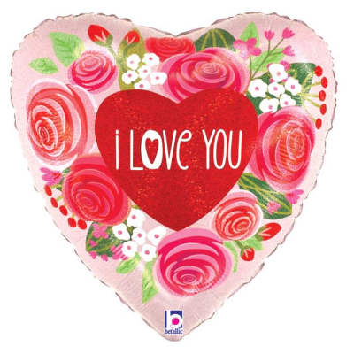 Heart-shaped I love you balloon with pink floral pattern