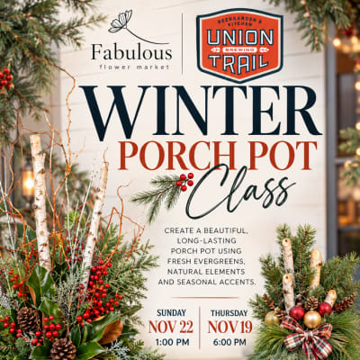 Poster for a winter porch pot class with evergreen arrangements and red berries