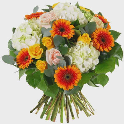 Bouquet of orange gerbera daisies, white hydrangeas, and pale roses