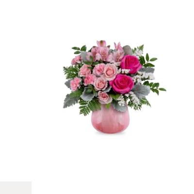 Pink roses and carnations in a pink vase