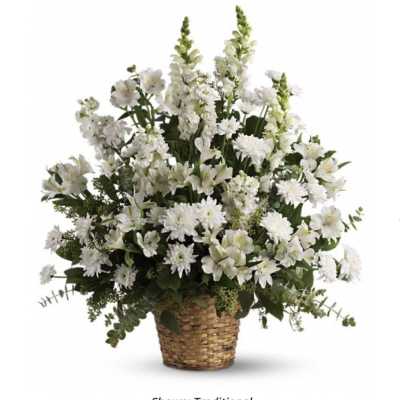 White flowers arranged in a woven basket