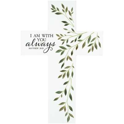 White decorative cross plaque with green leaf design and scripture text