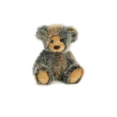 Small plush teddy bear with shaggy gray and brown fur sitting upright.