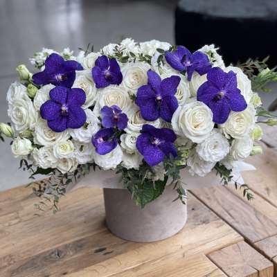 White roses and purple orchids arranged in a round vase