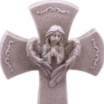 Stone angel cross memorial ornament on a stand