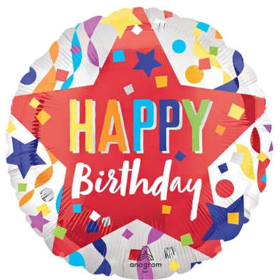 Round foil balloon with "Happy Birthday" text and colorful confetti design