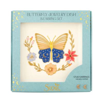 Boxed butterfly jewelry dish and stud earring set with floral and moon motifs.