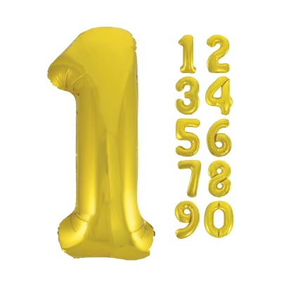 Gold number 1 balloon with smaller gold number balloons beside it