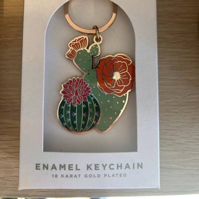 Enamel cactus keychain in a retail box