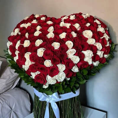 Heart-shaped bouquet of red and white roses tied with a pale blue ribbon