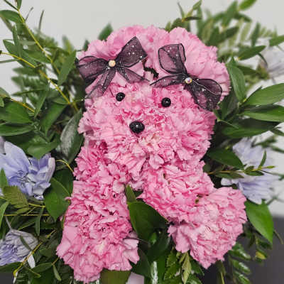 Pink carnation teddy bear bouquet with black bows and greenery
