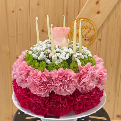 Floral Cake Arrangement Bouquet - Pink, Red & White Birthday Flowers