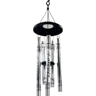 Black memorial wind chime with silver tubes and a hanging plaque