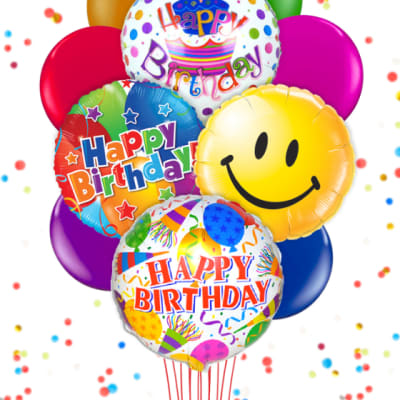 Cluster of colorful birthday balloons with confetti patterns and smiley faces