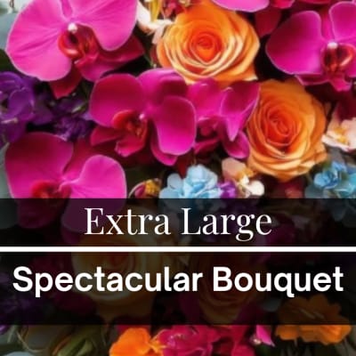 Bright bouquet of pink orchids and orange roses