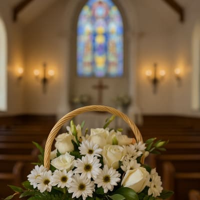White roses and daisies arranged in a wicker basket