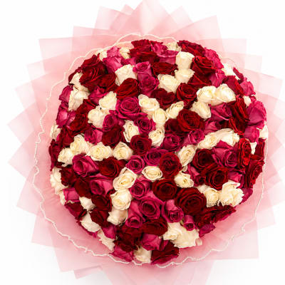 Round bouquet of red, pink, and white roses wrapped in pink paper