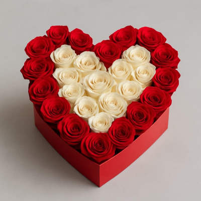 Heart-shaped box of red and white roses